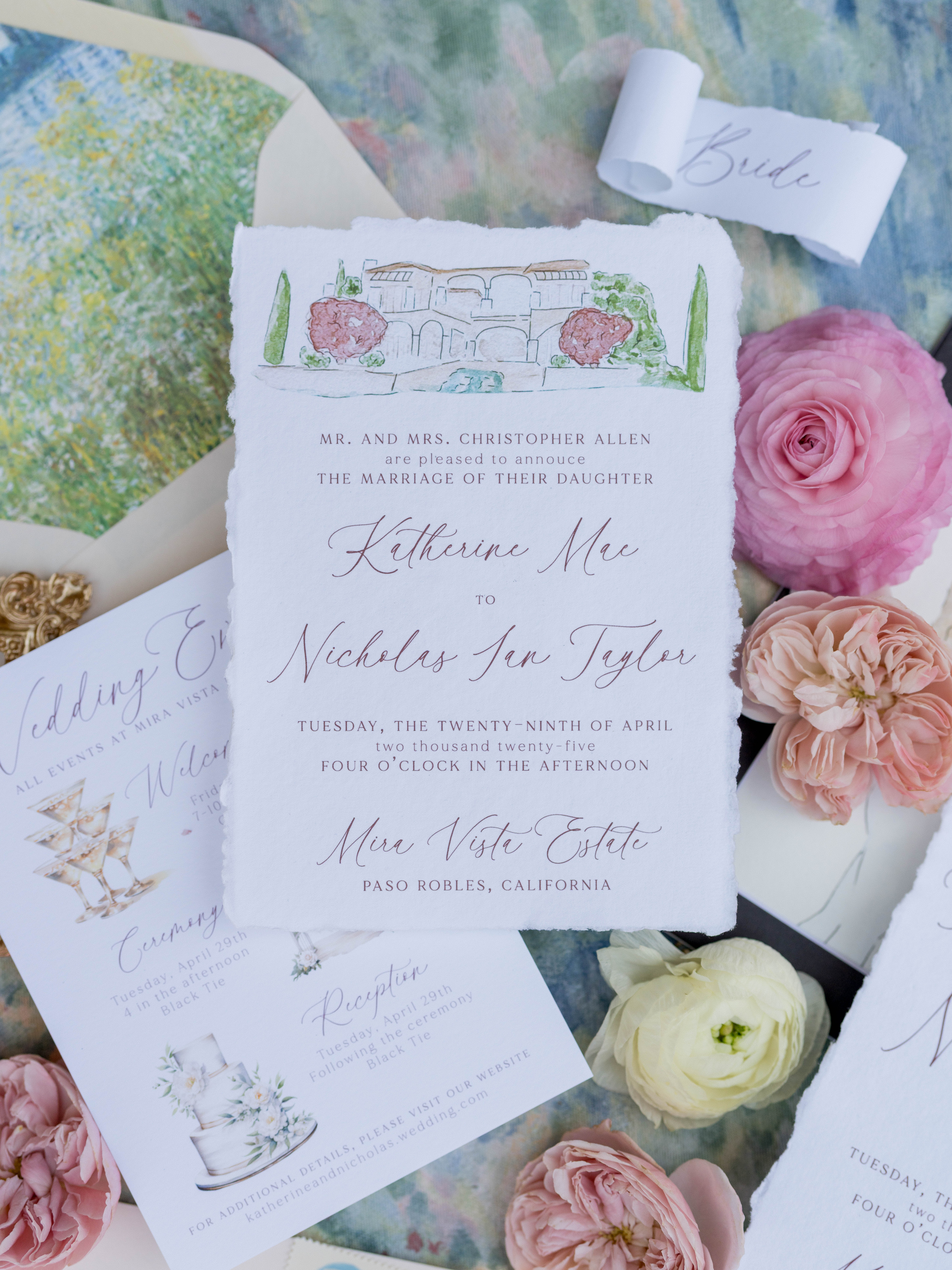 Mira Vista Estate wedding invitation suite with watercolor venue illustration